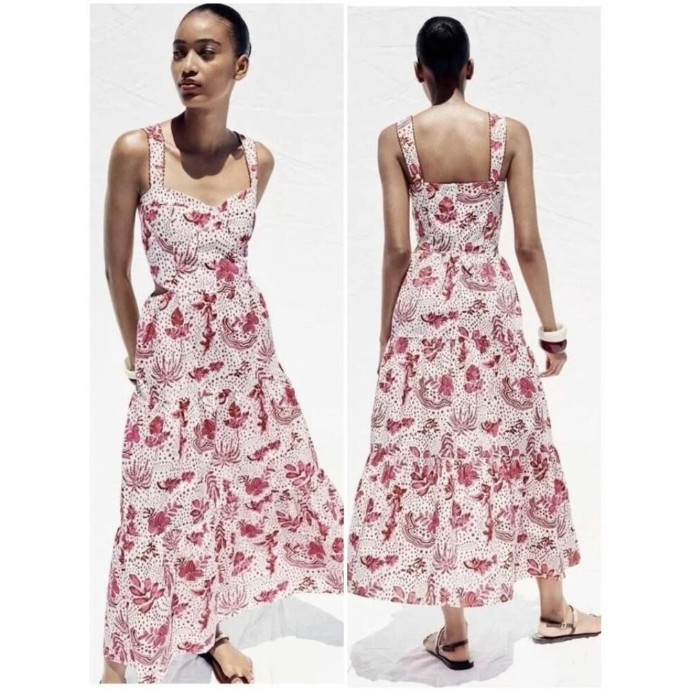 NWT Zara Women's L Strappy Floral Cut-Out Maxi Dress Pink White Resort Tropical - Picture 3 of 14